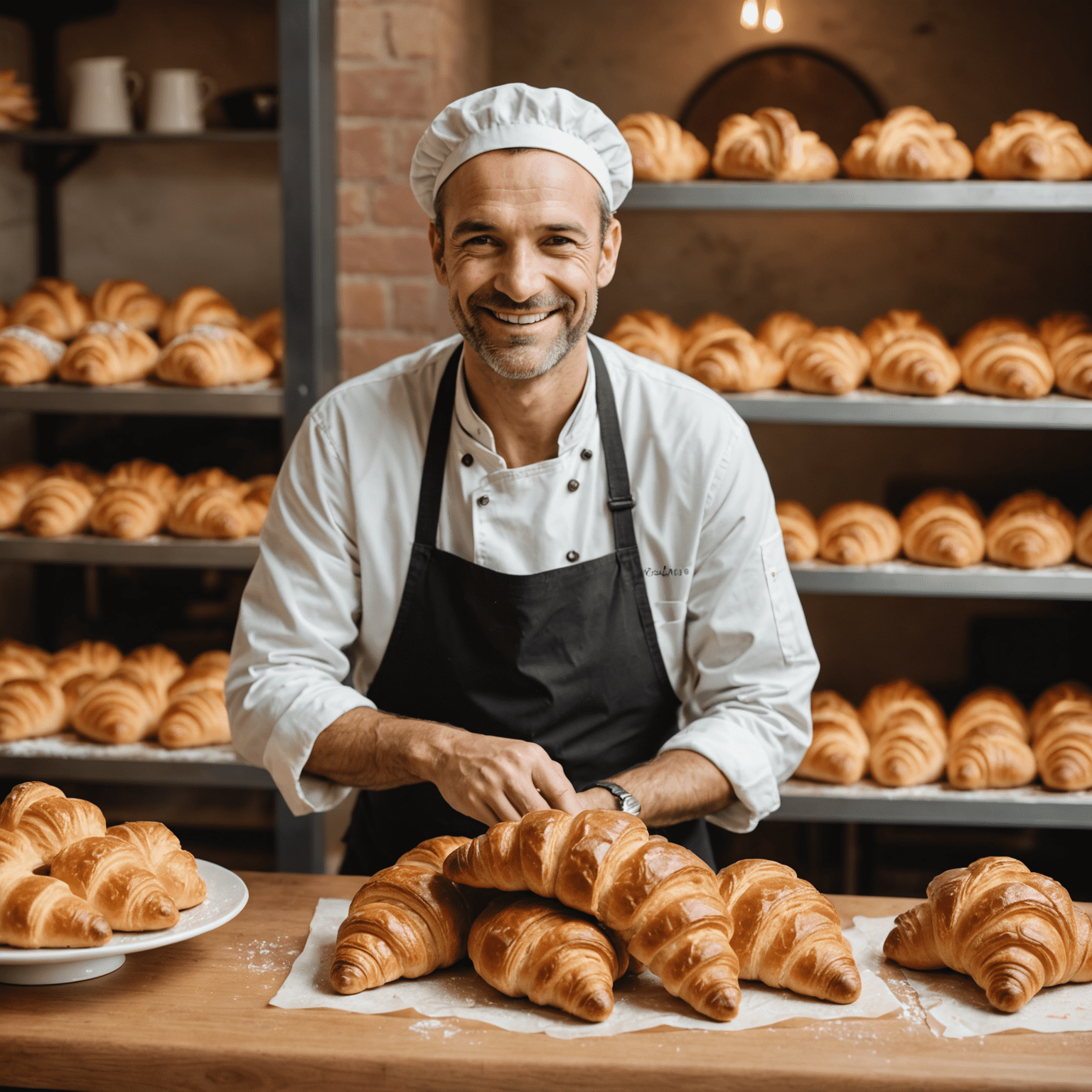 Une boulangerie française traditionnelle avec des croissants fraîchement cuits disposés sur un comptoir en bois. Un boulanger souriant en arrière-plan.