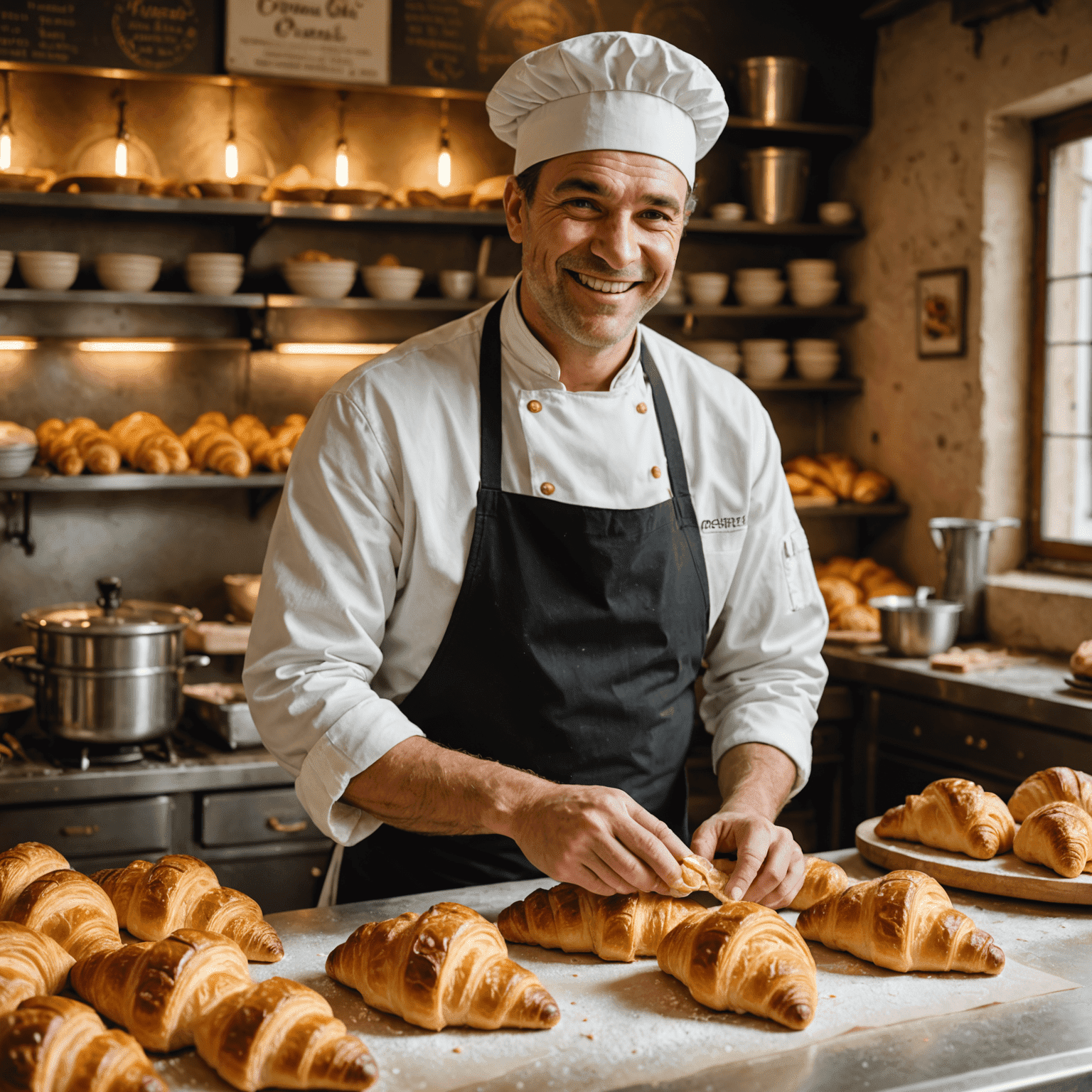 Un boulanger souriant préparant des croissants dorés dans une boulangerie française traditionnelle