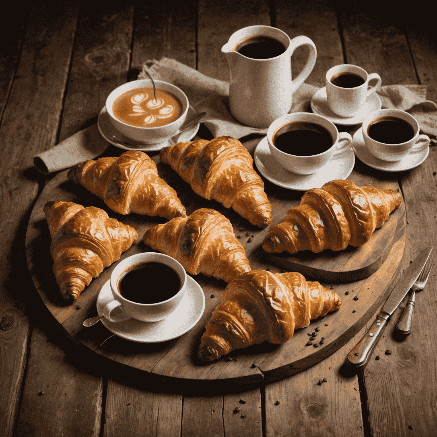 Une variété de croissants dorés et croustillants disposés sur une planche en bois rustique, avec une tasse de café fumant à côté