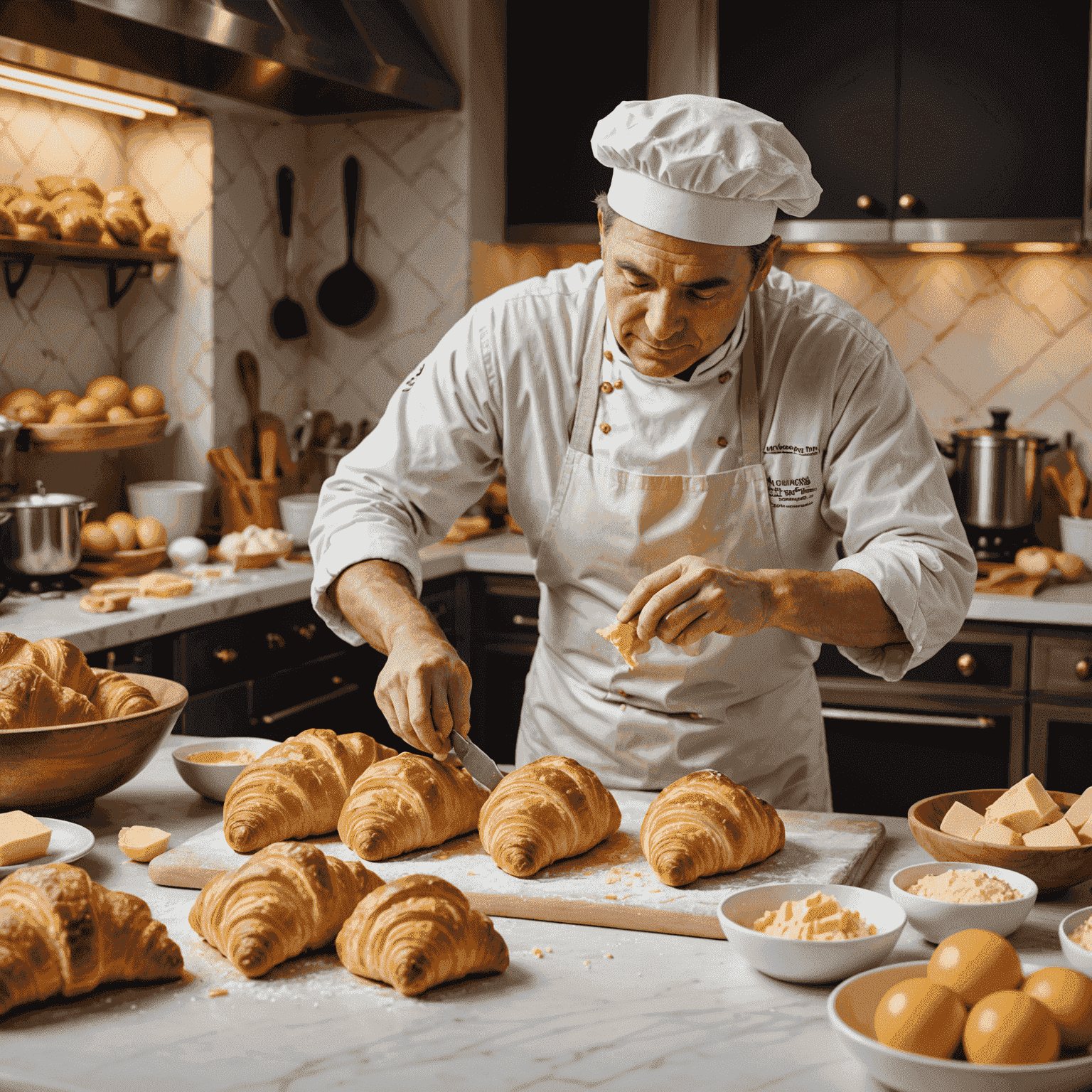 Un boulanger expert façonnant des croissants dorés et feuilletés sur un plan de travail en marbre, entouré d'ingrédients frais comme du beurre de qualité, de la farine et des œufs