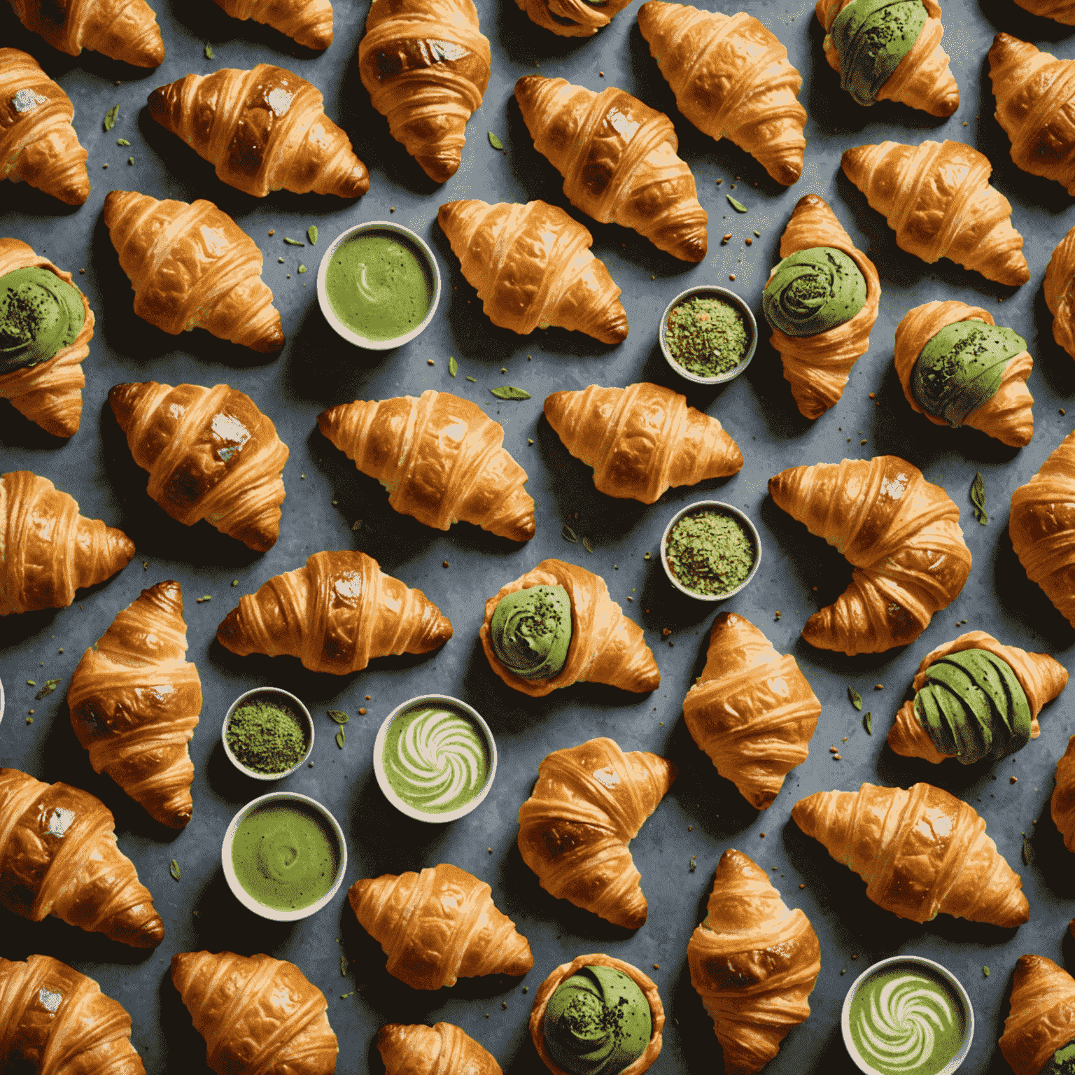 Une sélection de croissants variés du monde entier, incluant des versions traditionnelles françaises, des croissants au matcha japonais, des croissants au zaatar du Moyen-Orient, et des croissants fourrés à la crème pâtissière