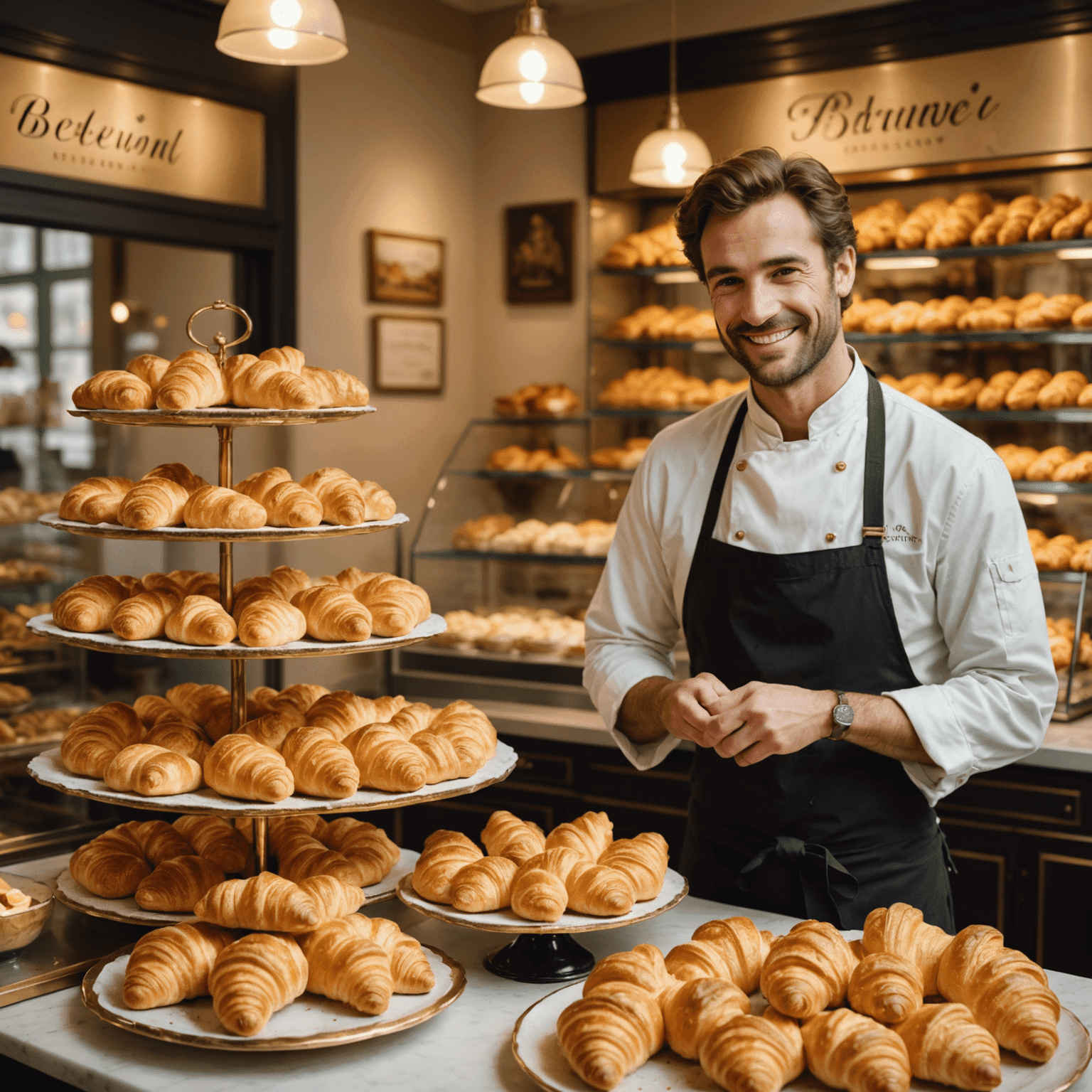 Une boulangerie française élégante avec des présentoirs remplis de croissants dorés et croustillants, et un boulanger souriant en arrière-plan