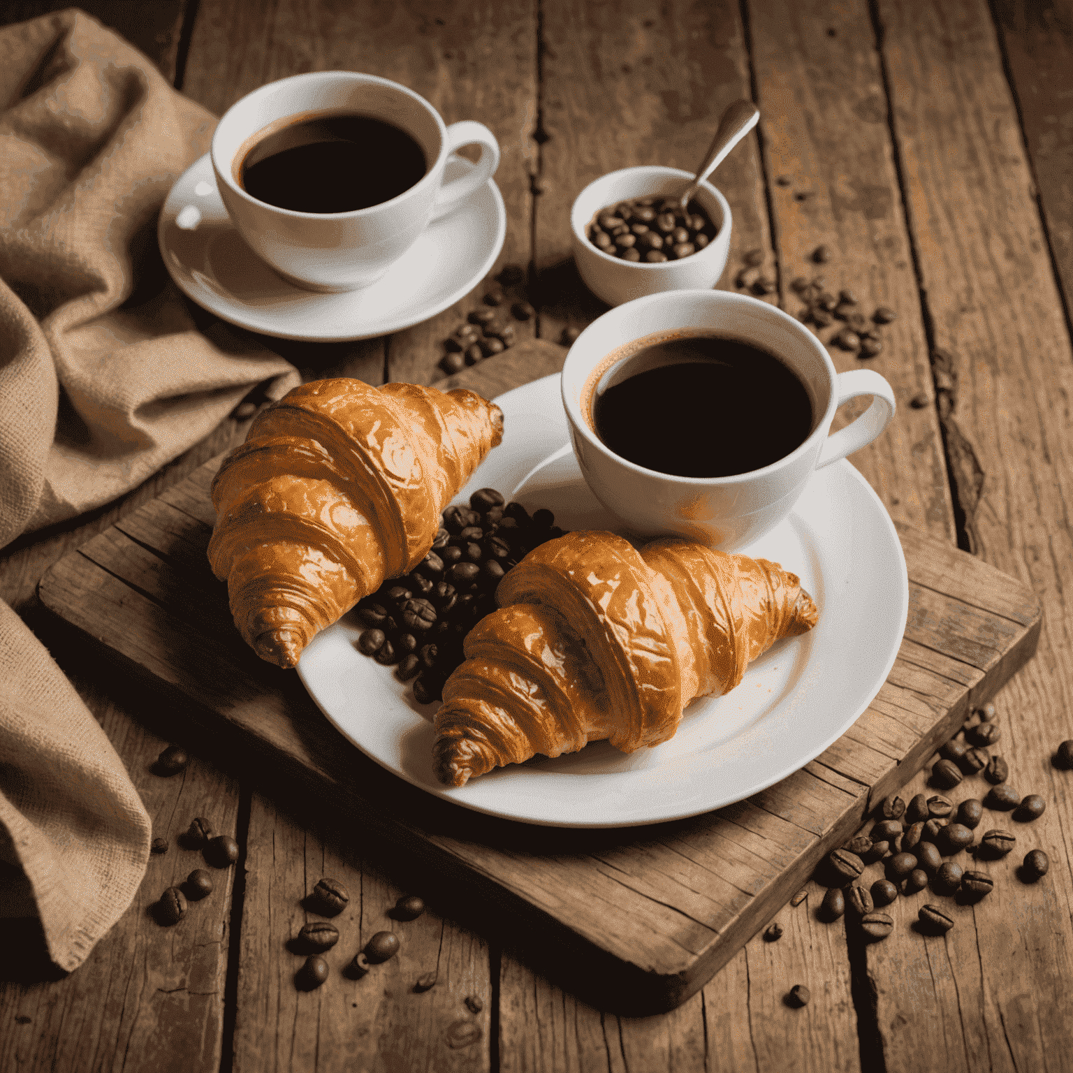 Une image d'un croissant doré et croustillant sur une table en bois rustique, avec une tasse de café et des grains de café éparpillés autour