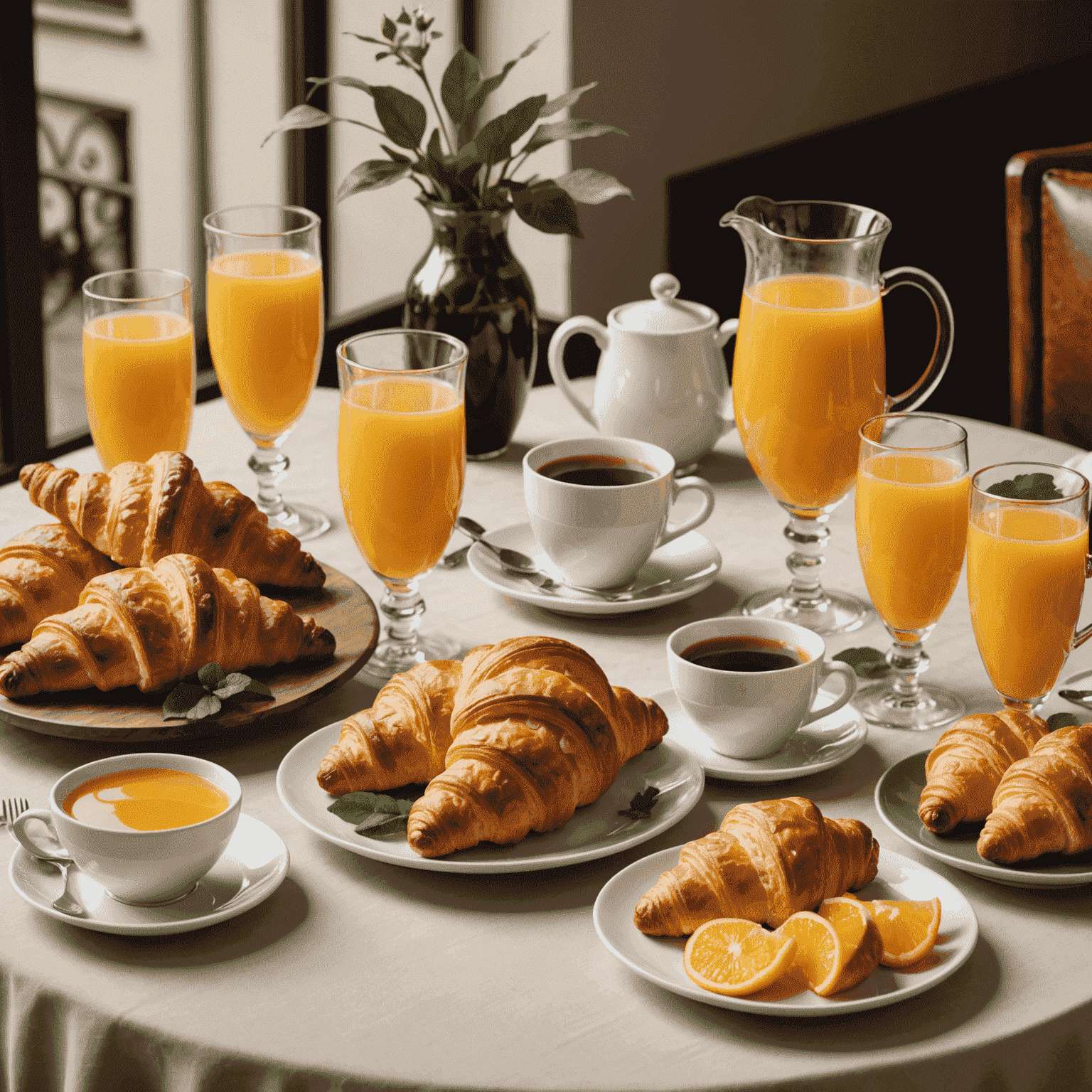 Une table élégante présentant divers croissants accompagnés de différentes boissons, notamment un café au lait, un thé vert et un jus d'orange frais