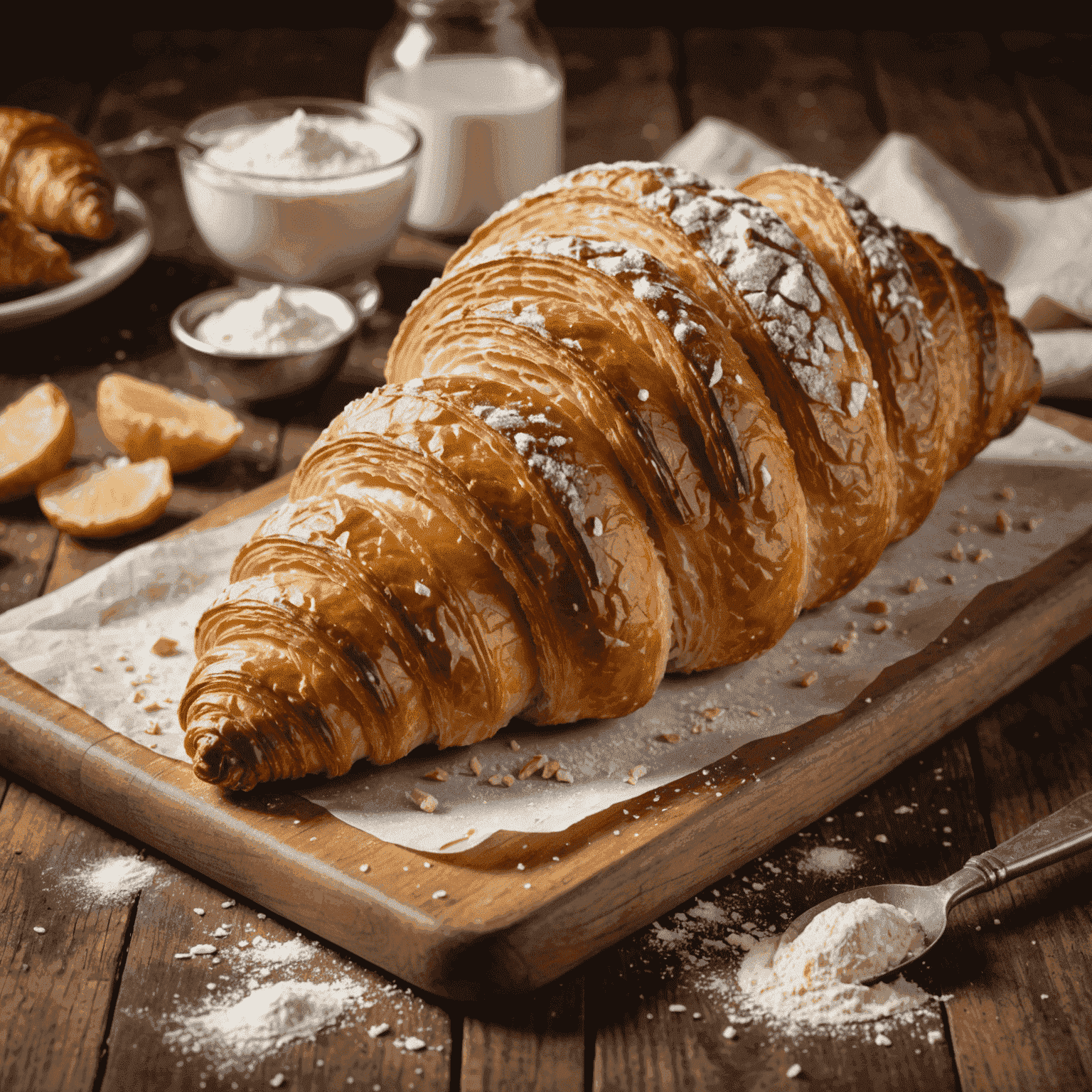 Un croissant doré parfaitement feuilleté sur une planche en bois, saupoudré de farine, avec un rouleau à pâtisserie en arrière-plan