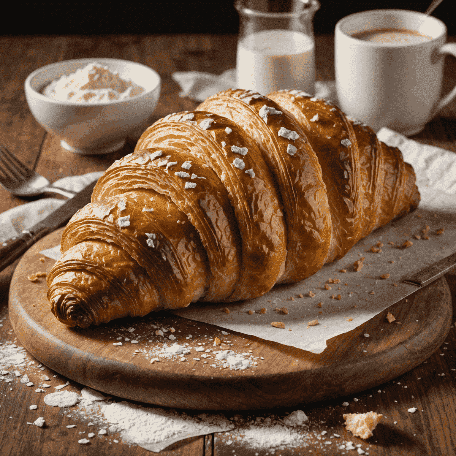 Un croissant doré parfaitement feuilleté sur une planche à pâtisserie en bois, saupoudré de farine