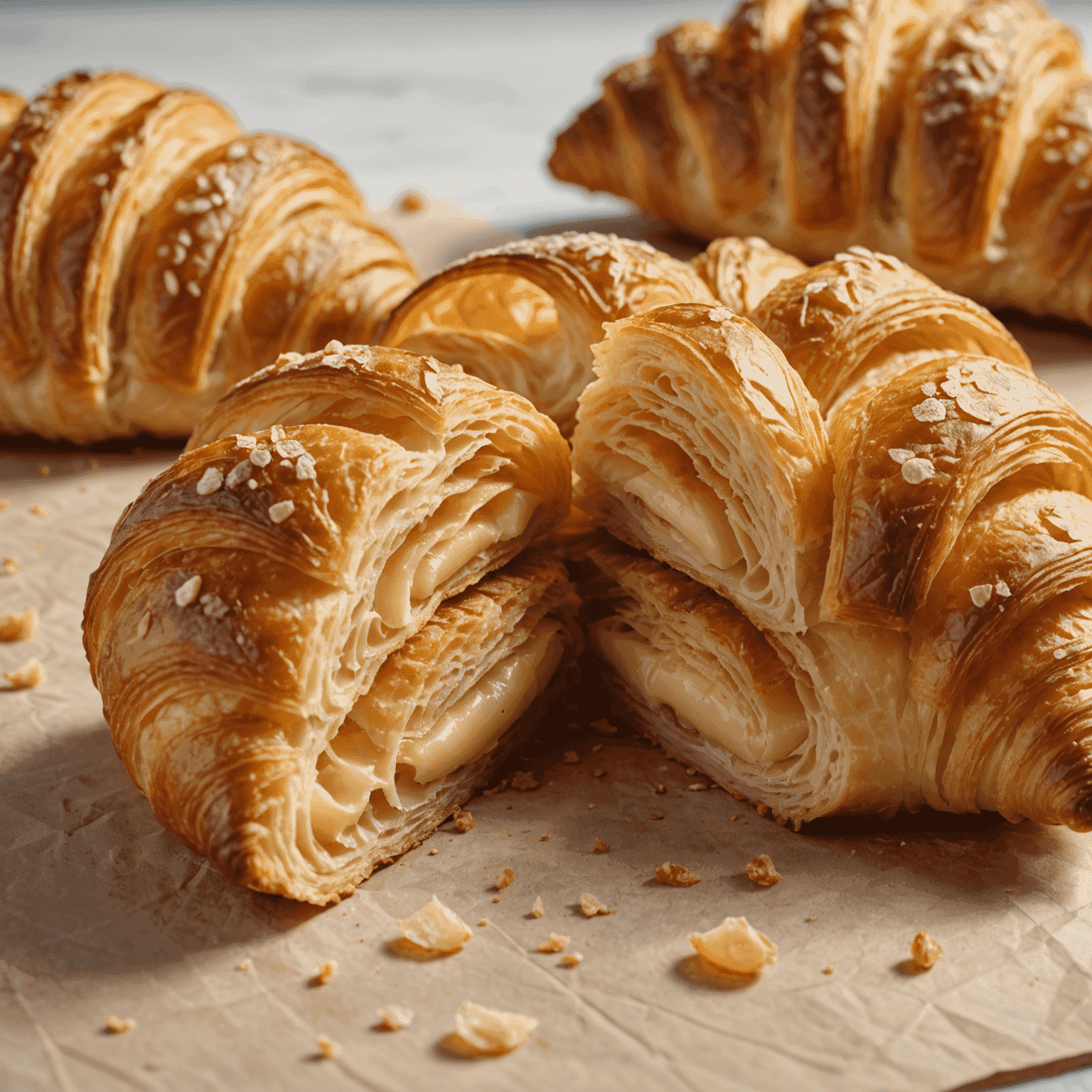 Gros plan sur les couches délicates d'un croissant coupé en deux, montrant sa structure feuilletée parfaite