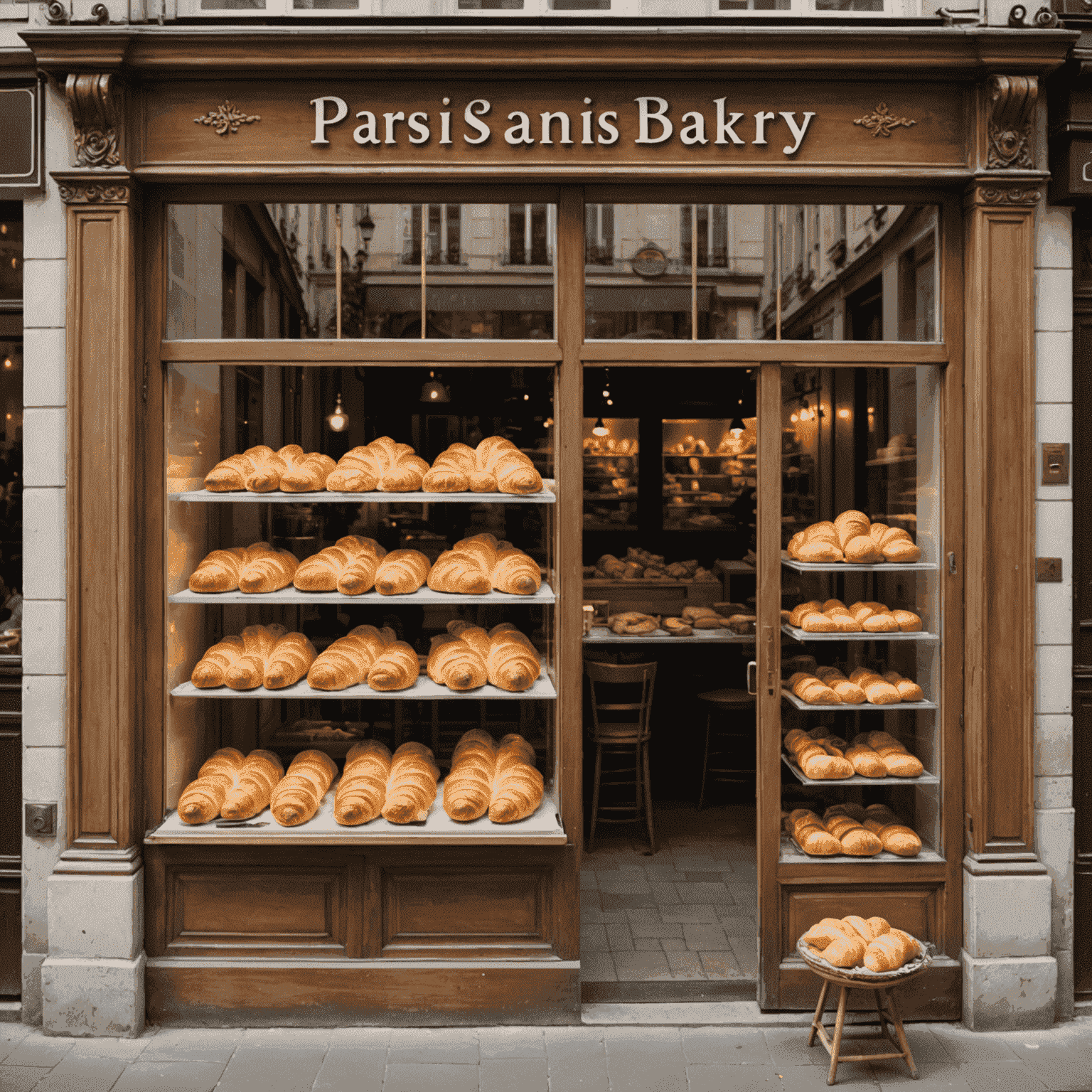 Une boulangerie parisienne traditionnelle avec une vitrine remplie de croissants fraîchement cuits et d'autres viennoiseries