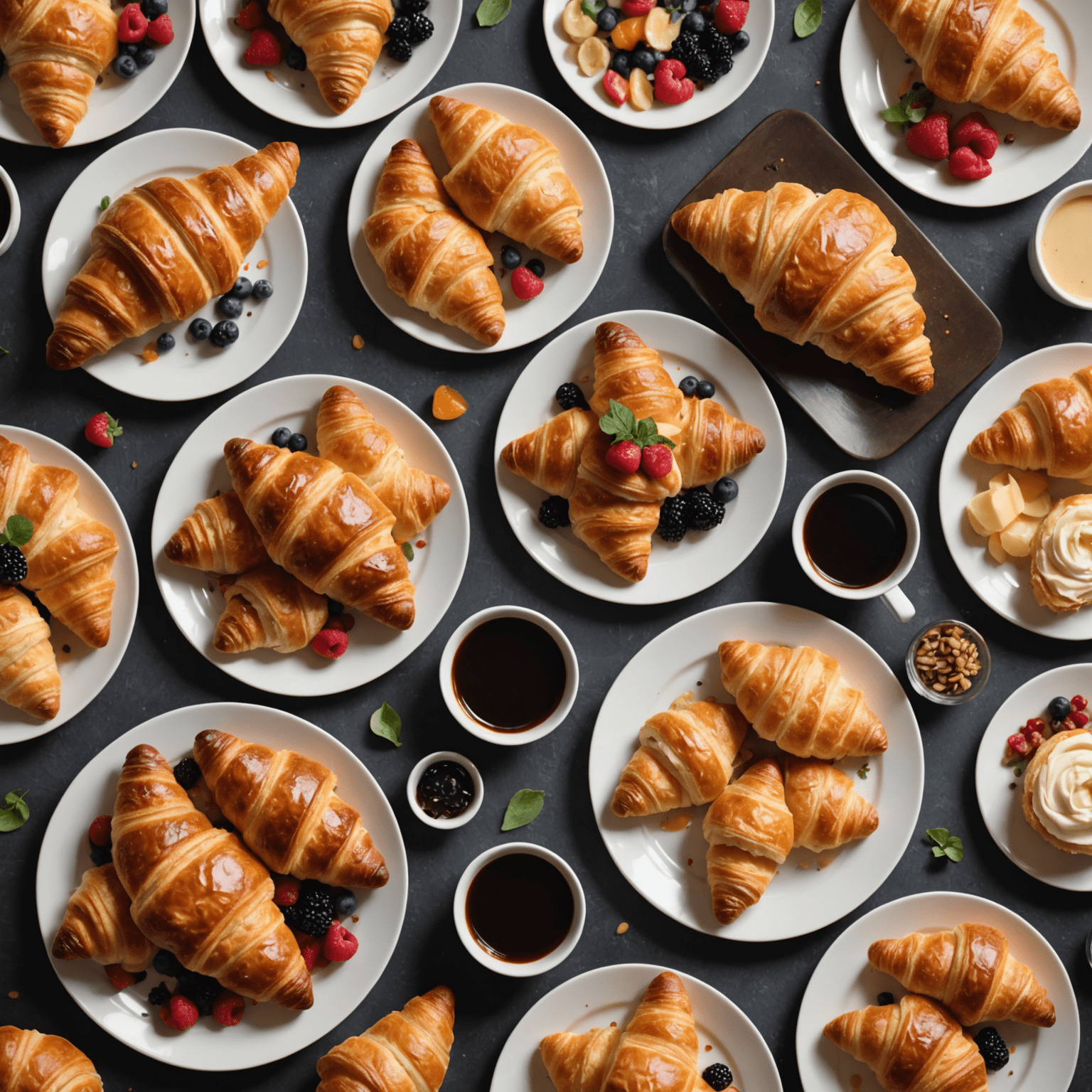 Une assiette présentant divers types de croissants du monde entier, incluant des versions sucrées et salées avec des garnitures colorées