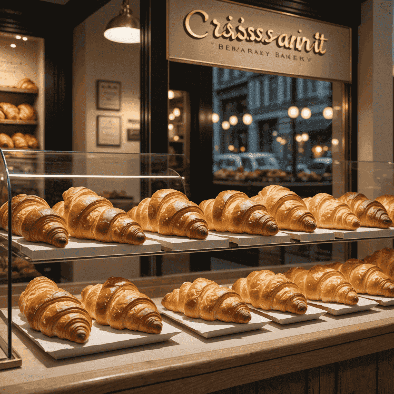 Une vitrine élégante d'une boulangerie My Croissant, présentant une variété de croissants fraîchement cuits, des classiques aux versions innovantes