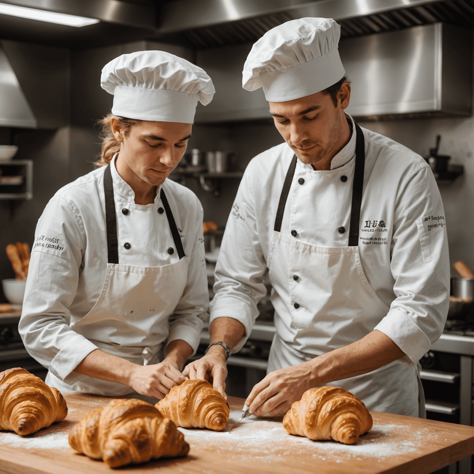 Un boulanger expérimenté formant un jeune apprenti sur l'art de façonner des croissants parfaits dans une cuisine professionnelle moderne