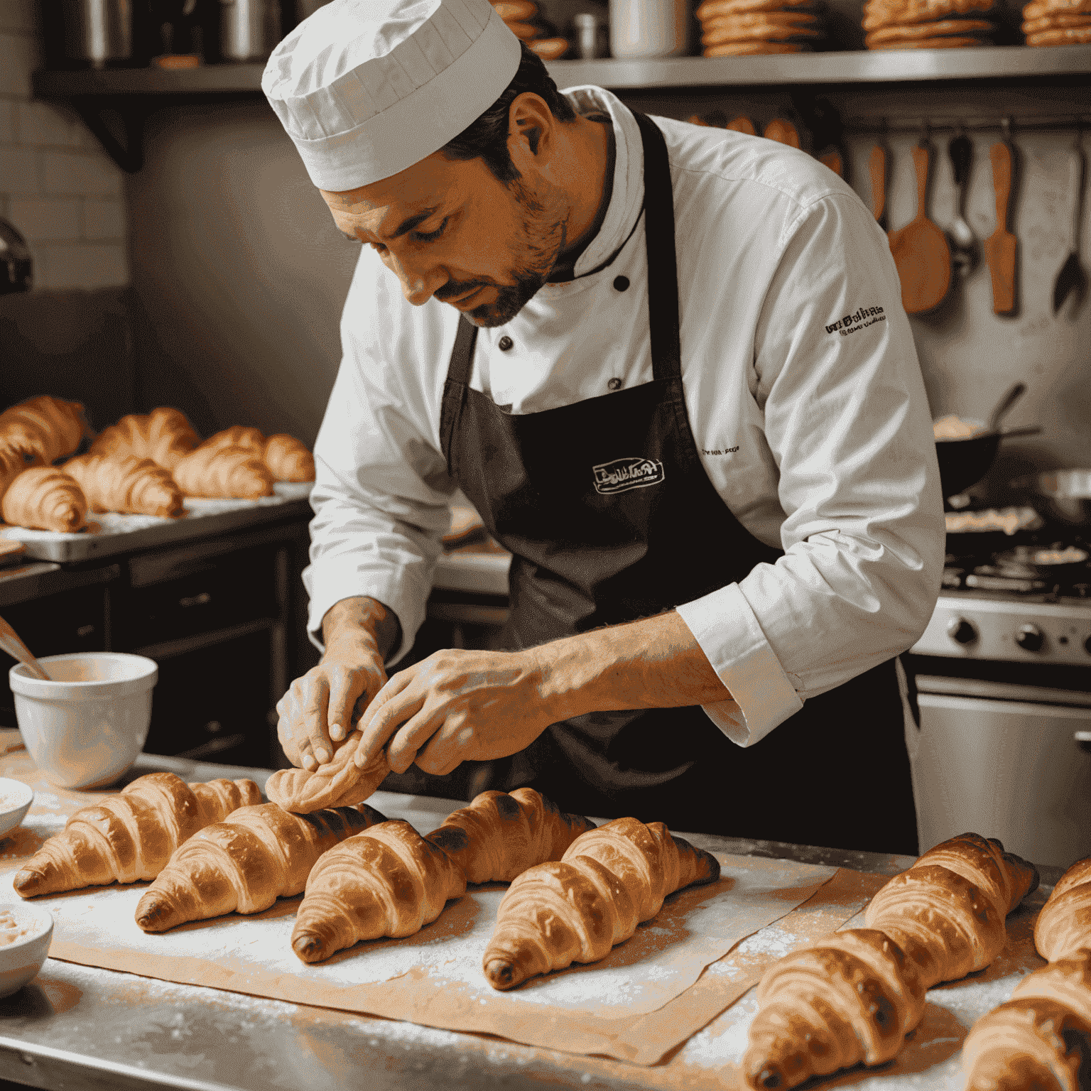 Un boulanger en train de façonner des croissants à la main, montrant le processus de laminage de la pâte