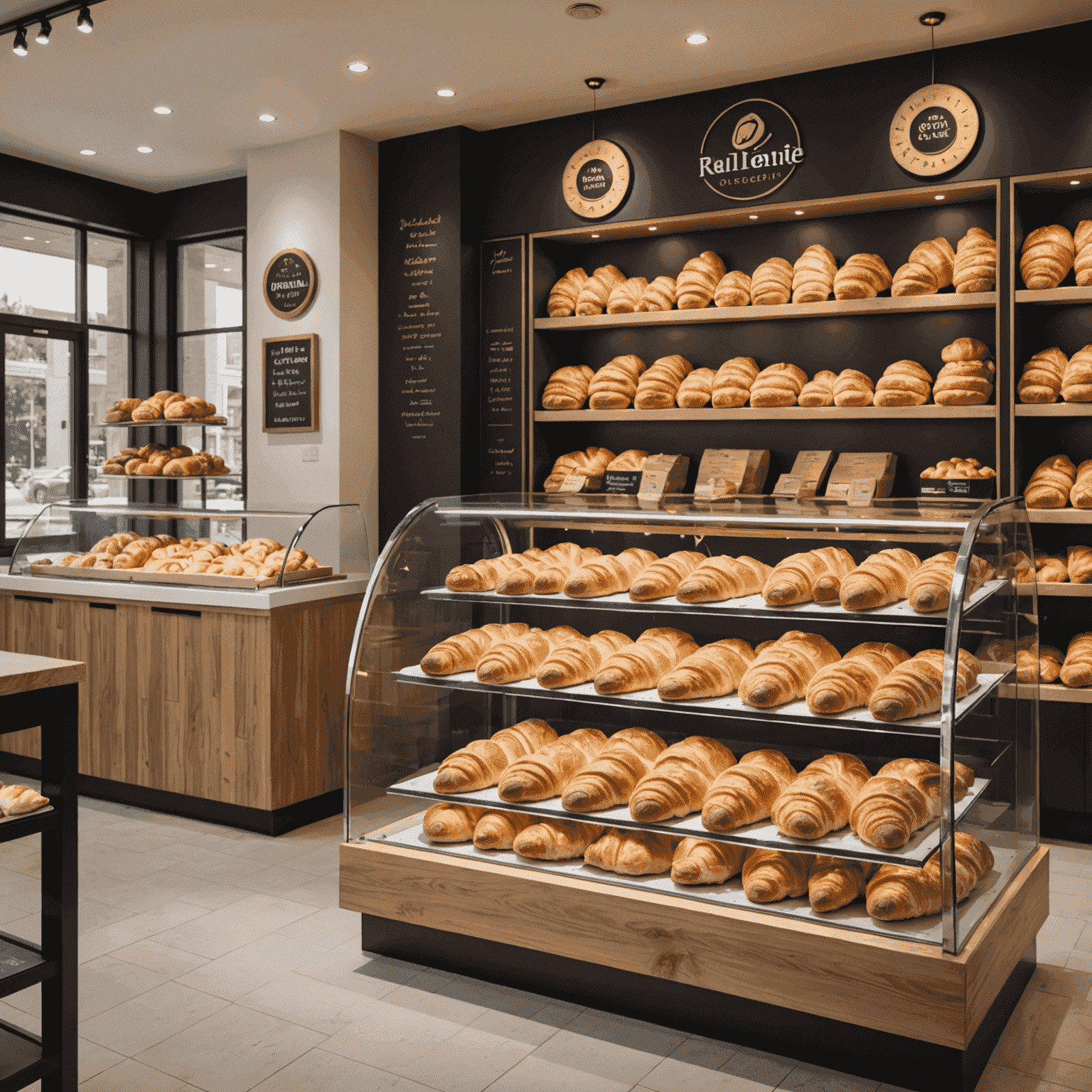 Un intérieur moderne de boulangerie avec des présentoirs remplis de croissants fraîchement cuits, et un logo de franchise sur le mur