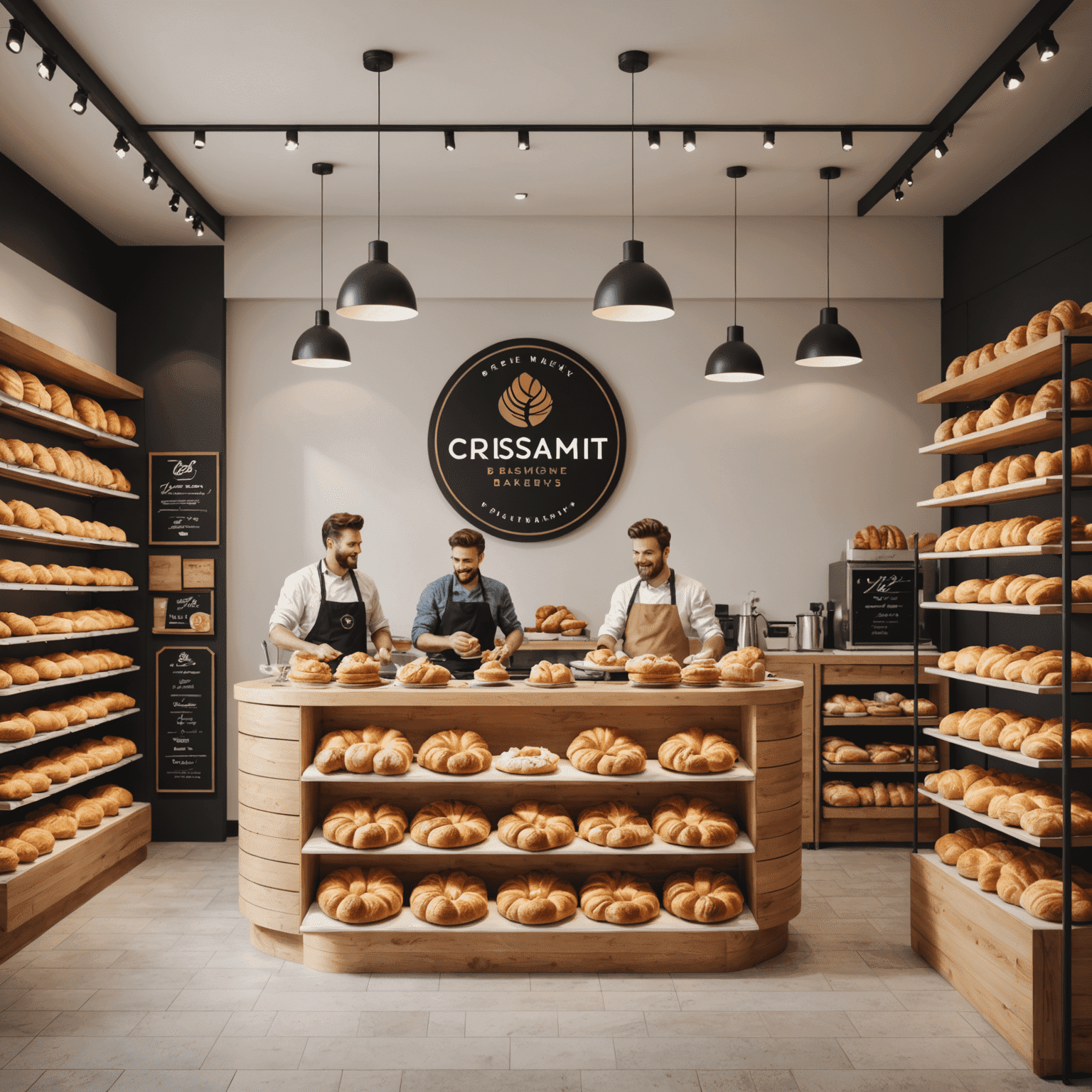 Un intérieur moderne de boulangerie avec le logo d'une franchise de croissants et des clients heureux