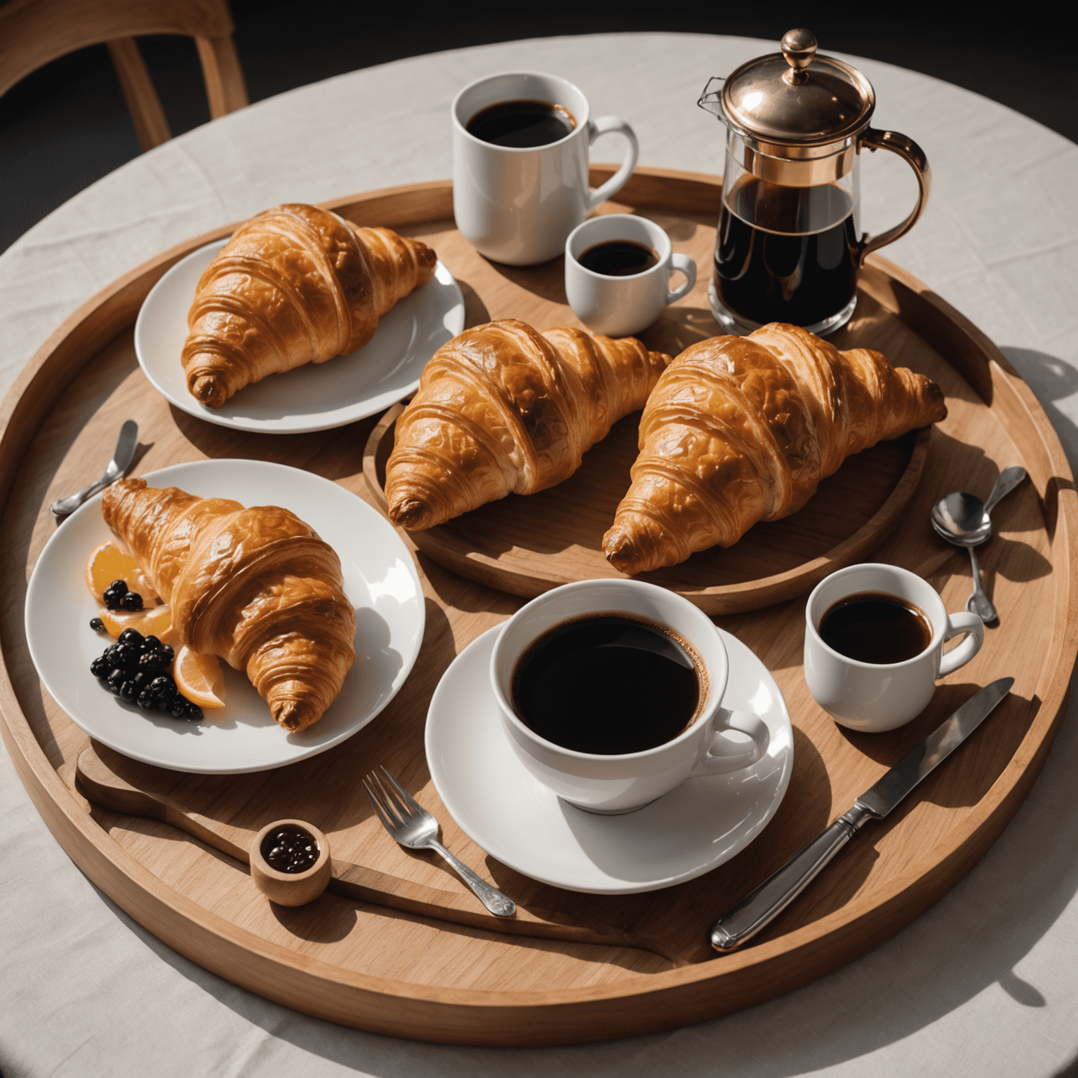 Un plateau élégant présentant un croissant, une tasse de café et divers accompagnements